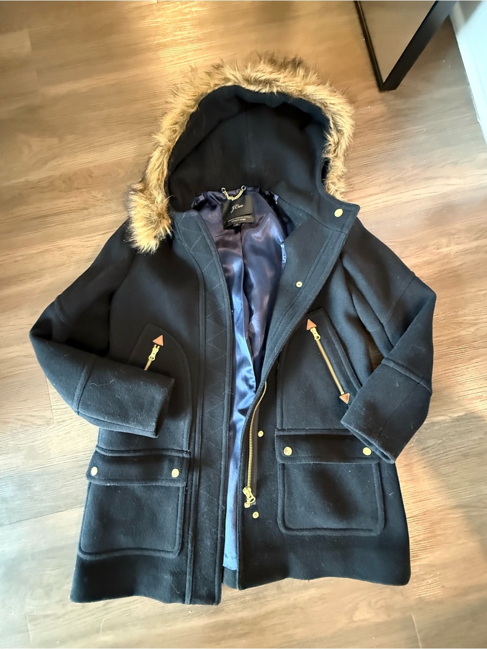 J Crew Chateau Wool Blend Hooded Coat with Faux Fur Trim - Black size 6 - Picture 2 of 3